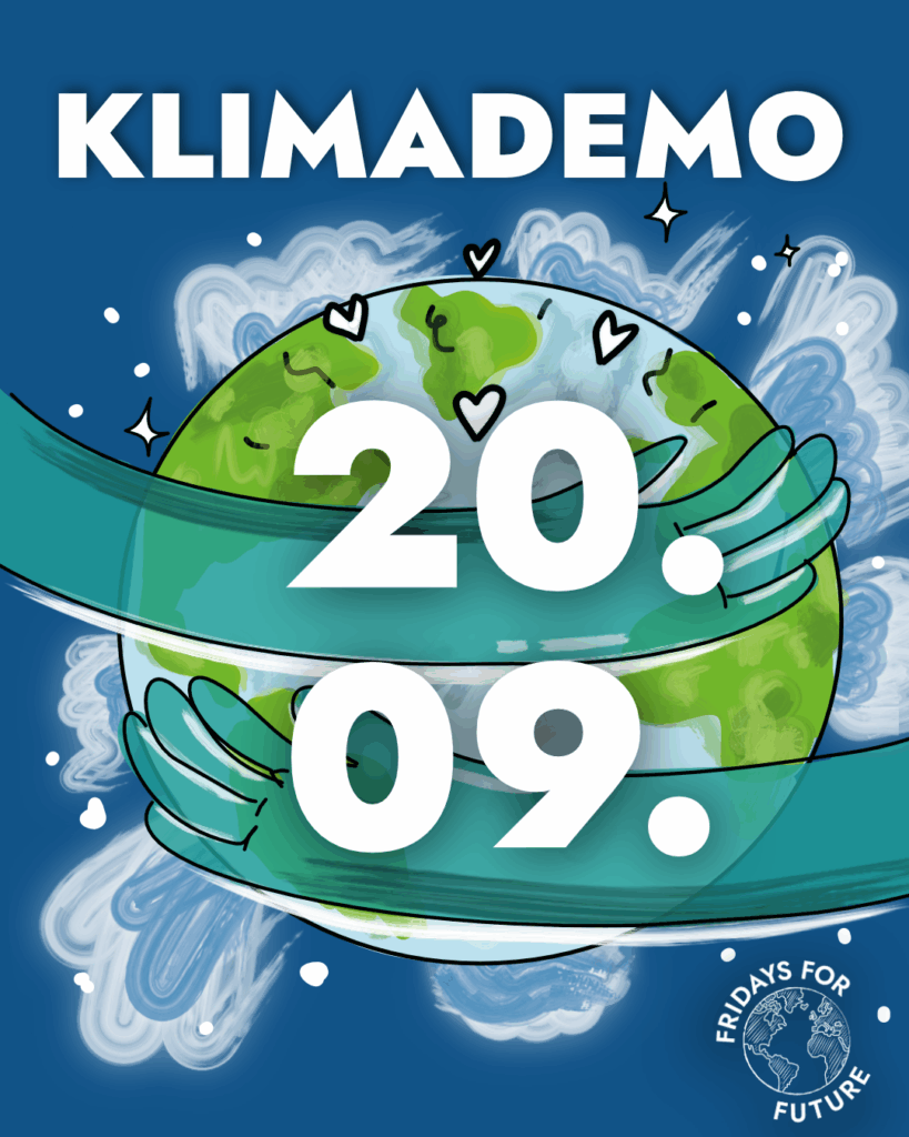 Plakat mit Händen um Erdkugel und dem Text Klimademo 20.09.